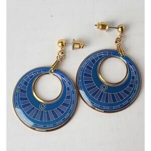 Laurel Burch Style Earrings Cloisonne Enamel Blue Pierced Boho Tribal Geometric